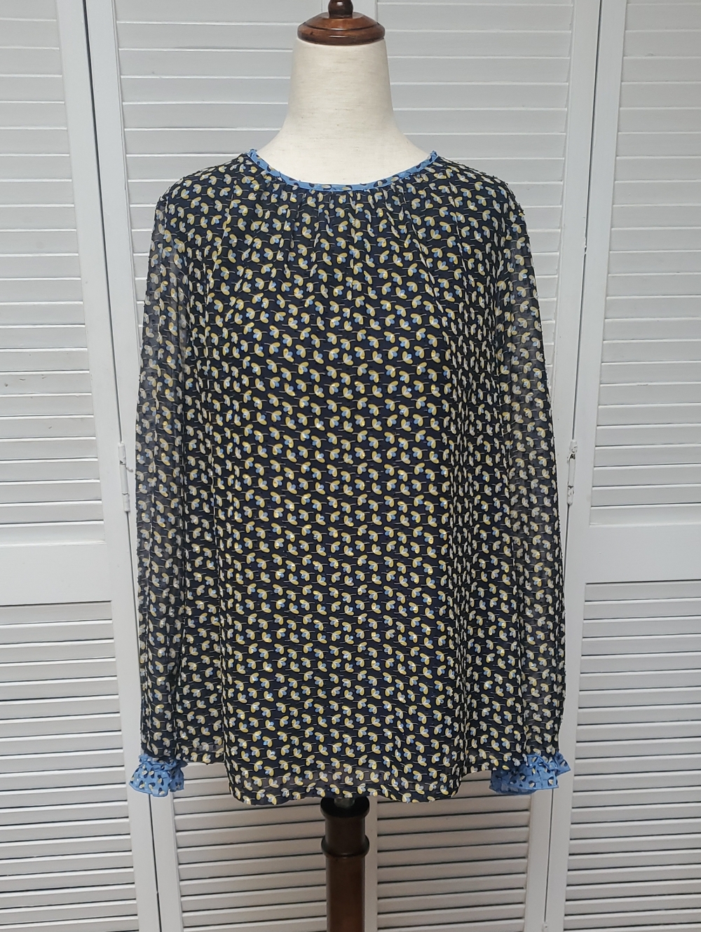 Boden Navy Blouse with Yellow and Light Blue Flower Details